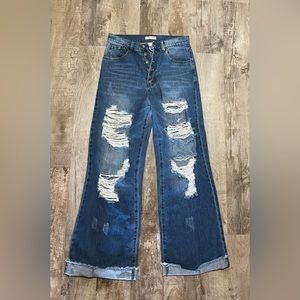 High waisted wide leg distressed jeans